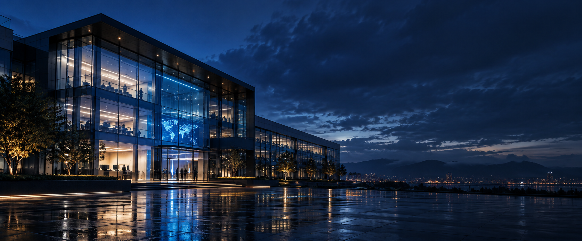A contemporary global technology headquarters at twilight
